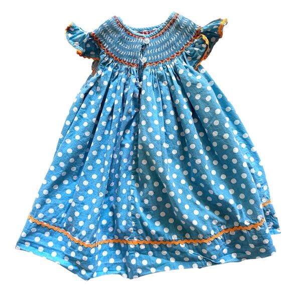Surcie Smocked Crabs Bishop Dress Girls Size 18mo Blue With White Polka Dots - Picture 7 of 7